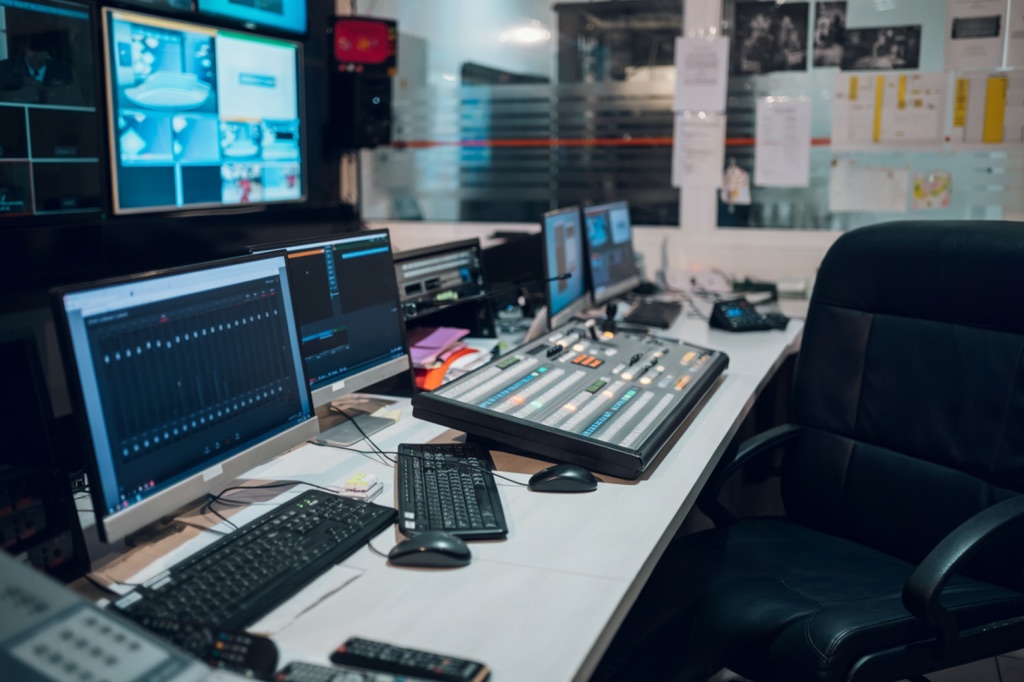 Sala técnica de producción audiovisual con consolas y monitores